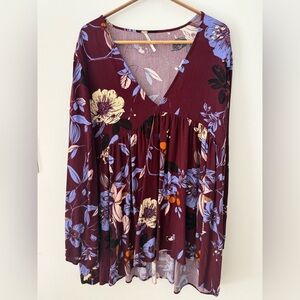 Free People V-Neck Floral Tunic Top in Burgundy with Lavender and Cream